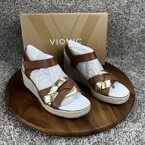 Vionic Women's Saratoga Espadrille Wedge Sandal Size 9.5 Wide Tan Gold Shoes New